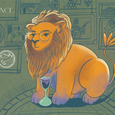 A Homály Furmint teljes címkéje: szemüveges oroszlán egy képekkel teli szobában.