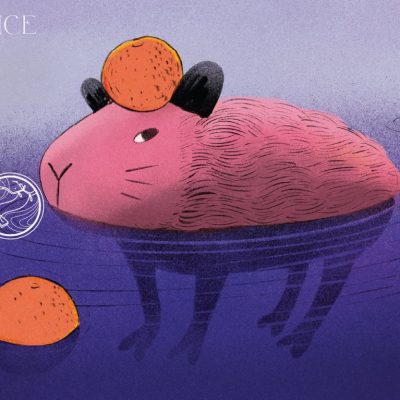 Yaffa címke A Yaffa Zöldveltelini teljes címkéje: vízben úszó rózsaszín kapibara narancsokkal.